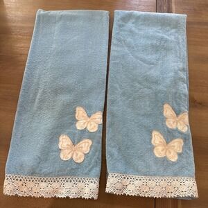 2 Avanti Bath Towel Blue Butterflies vintage Embellished 50x26 Cotton Set